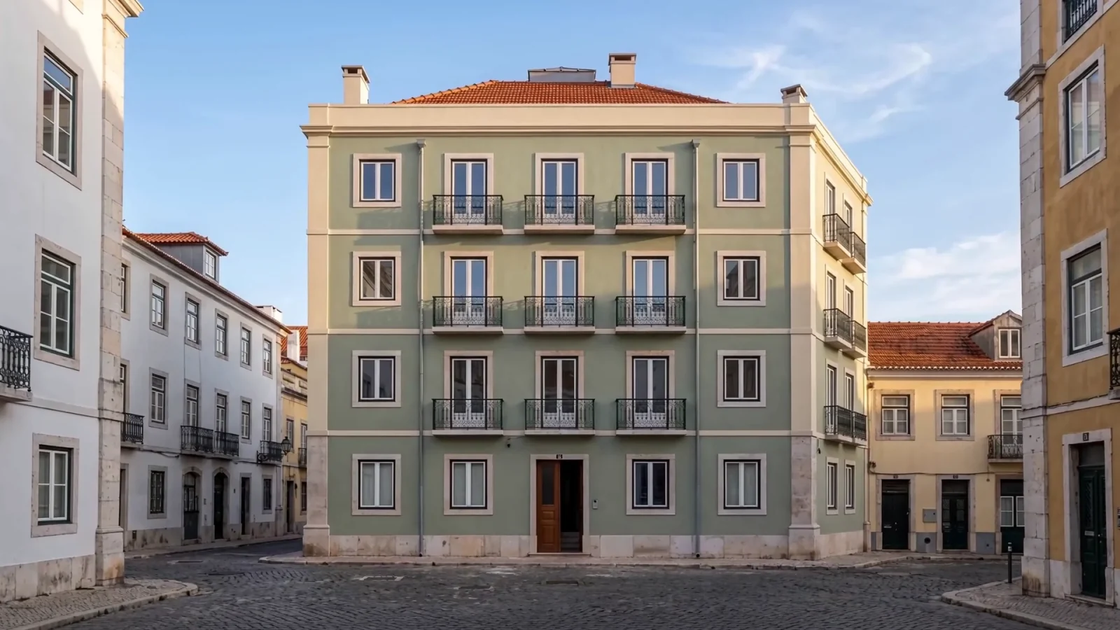 Descida lenta de drone sobre os telhados de Lisboa, do alto até à porta de um prédio de meio do século. Imagem gerada por computador, não é um imóvel real